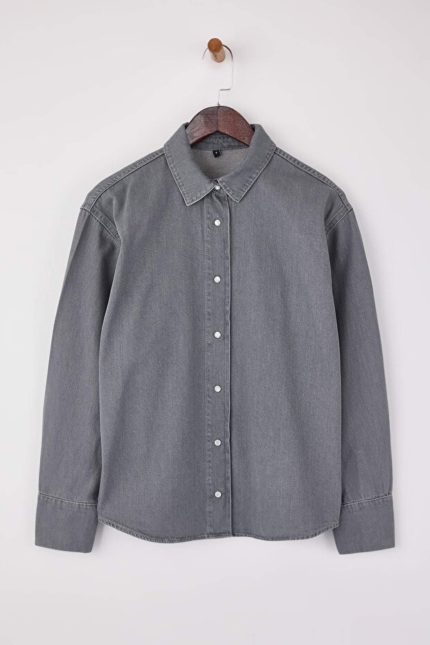 Gri Oversize Basic 100% Pamuk Denim Gömlek TWOSS26GO00005 - 5