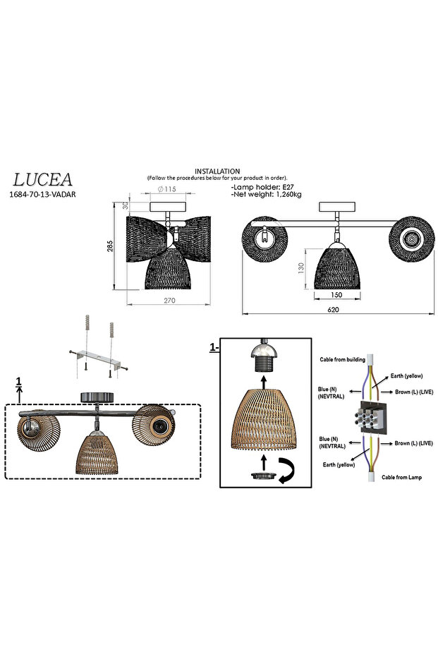 VADA 3 LU SİYAH PLAFONYER 3XE27 - 2