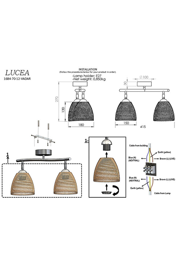 VADA 2 LI SİYAH PLAFONYER 2XE27 - 2