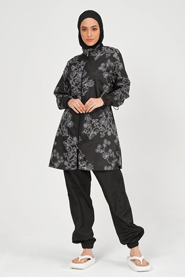 Women's Embroidery Patterned Full Covered Hijab Swimsuit 24235 Black