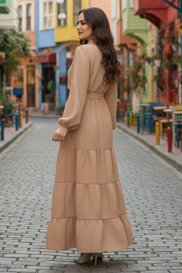 Embossed Patterned Dress Beige 2119 - 4