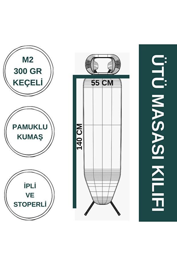 Ütü Masası Kılıfı Büyük Boy Ipli Stoperli Keçeli Kılıfı Örtüsü Bezi 55x140cm Silver Garden - 8