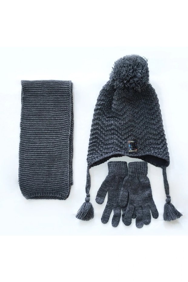 Children's Scarf, Beret and Gloves Set of 3, Dark Gray 4-8 Years