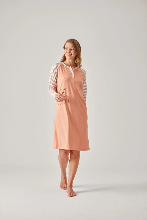 Orange Striped Raglan Sleeve Printed Modal Cotton Women's Nightgown