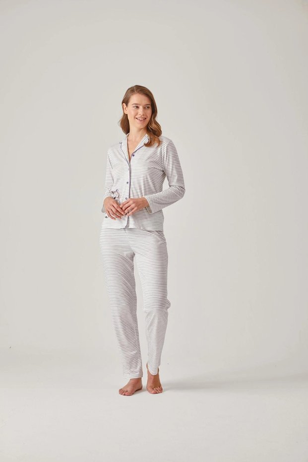 Gray Striped Front Buttoned Printed Modal Cotton Women's Pajama Set