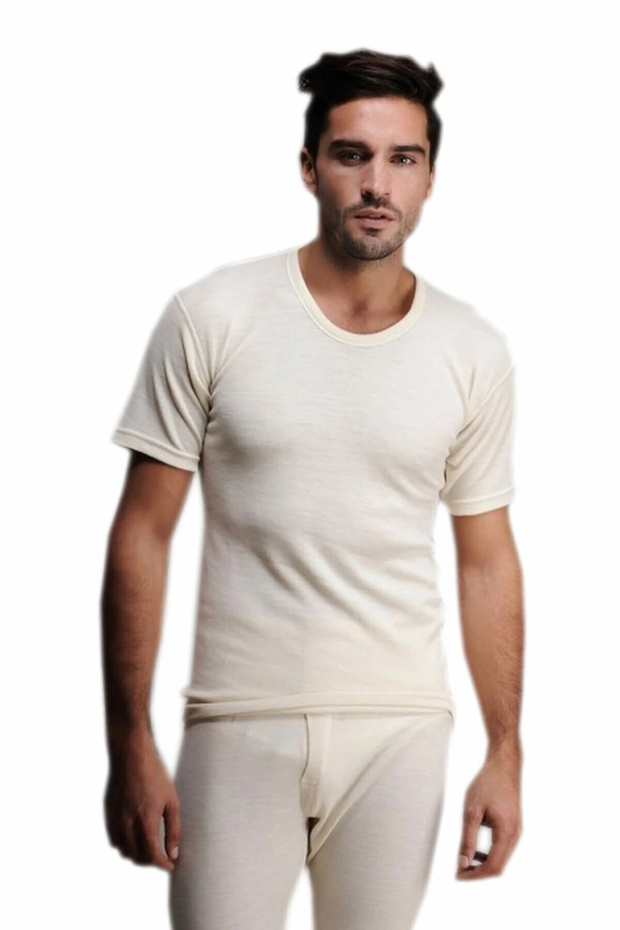 Men's Cream Men's Wool Short Sleeve Undershirt 75% Wool 25 Acrylic