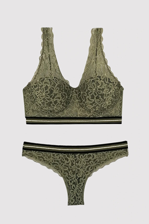 Burnt Olive 4713 Soft Push Up Padded Glitter Rubber Detailed Bustier Underwear Set