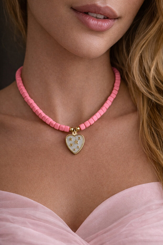 Pink Fimo Beaded Heart Necklace|#summer Necklace