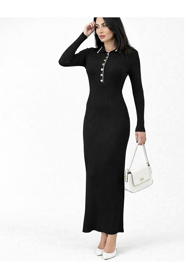 Women's Long Dress Corded Fabric Shirt Collar and Buttoned Model