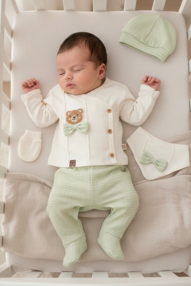 Süzene Ribbed Newborn Baby Boy 5 Piece Hospital Discharge Bodysuit Set with Teddy Bear