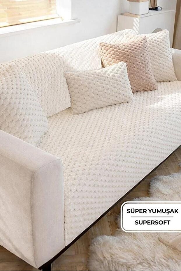Non-Slip Rabbit Plush Sofa Cover Three-Seater Classic Honeycomb Pattern Soft Seat Cover (1Piece)