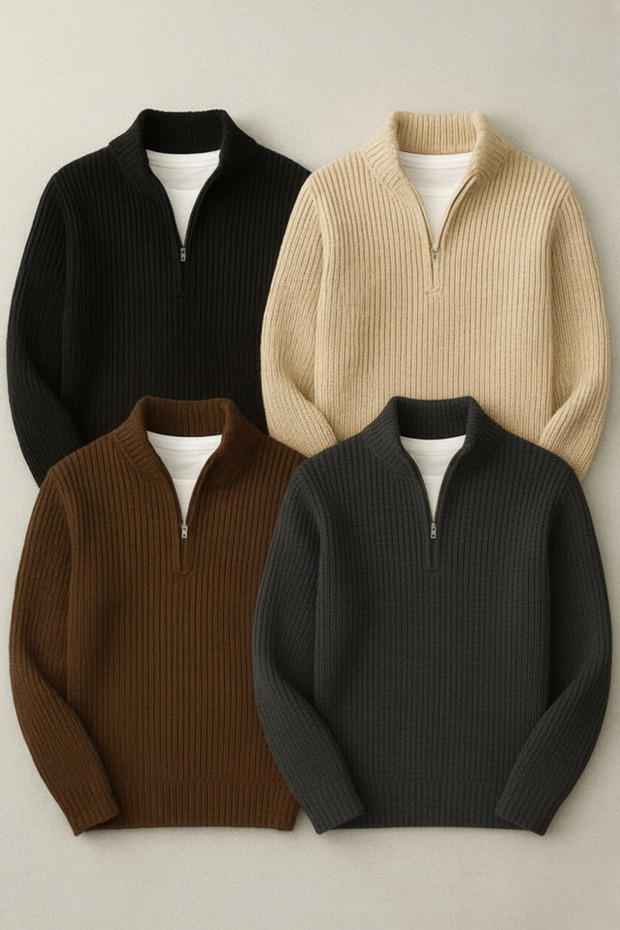 4 Pieces Men's Thessaloniki Knitted Half-Zip Thick Winter Knitwear Sweater Set Smoked Brown Beige Black