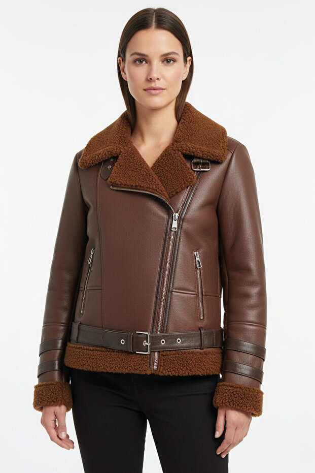 Oslo Tan Genuine Lambskin Zippered Biker Women's Coat