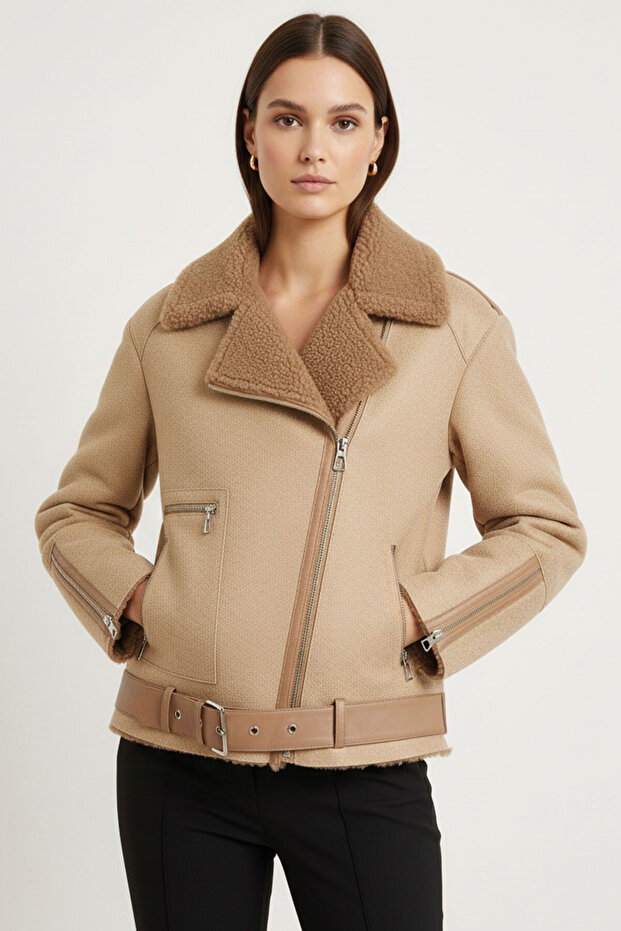 Oslo Beige Genuine Lamb Fur Zippered Biker Women's Coat