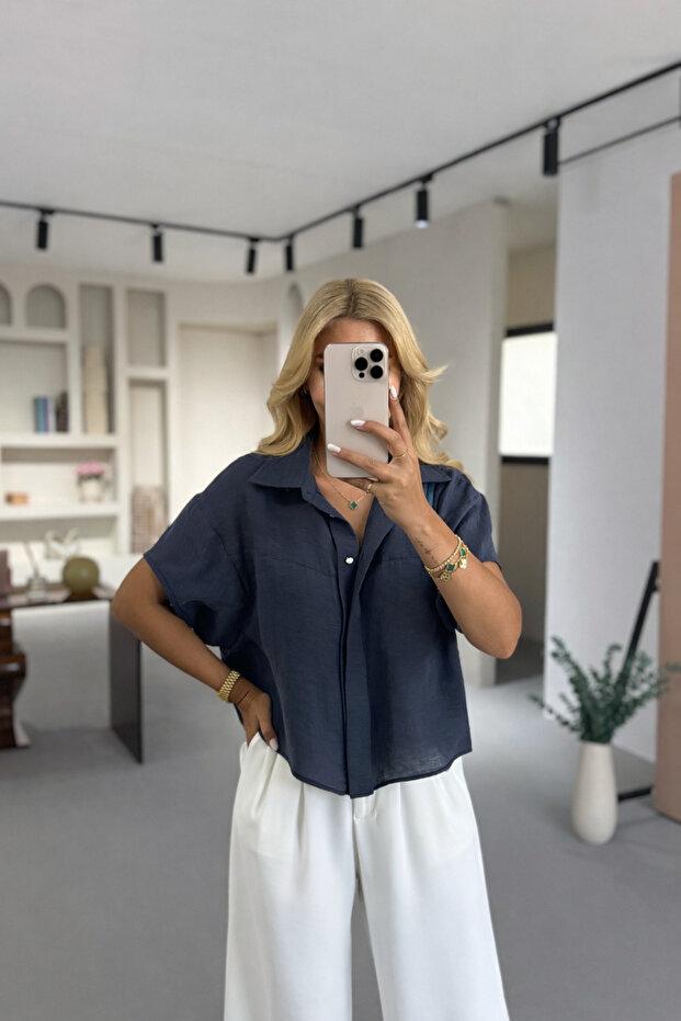 Navy Blue Short Sleeve Modal Shirt