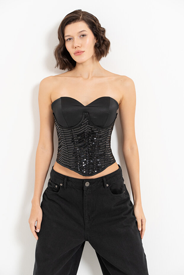 Siyah Pullu Kalp Yaka Büstiyer - 4