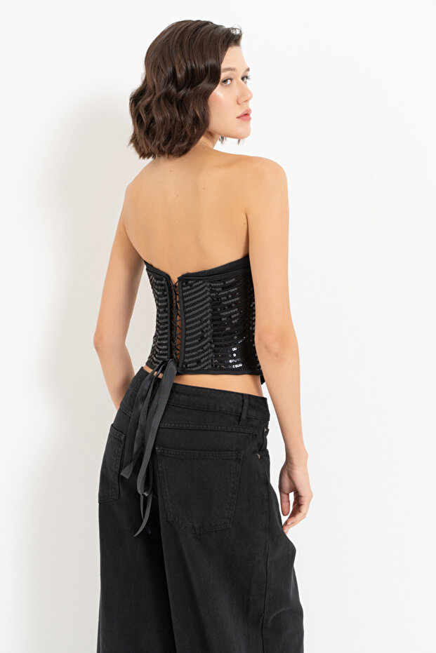 Siyah Pullu Kalp Yaka Büstiyer - 2