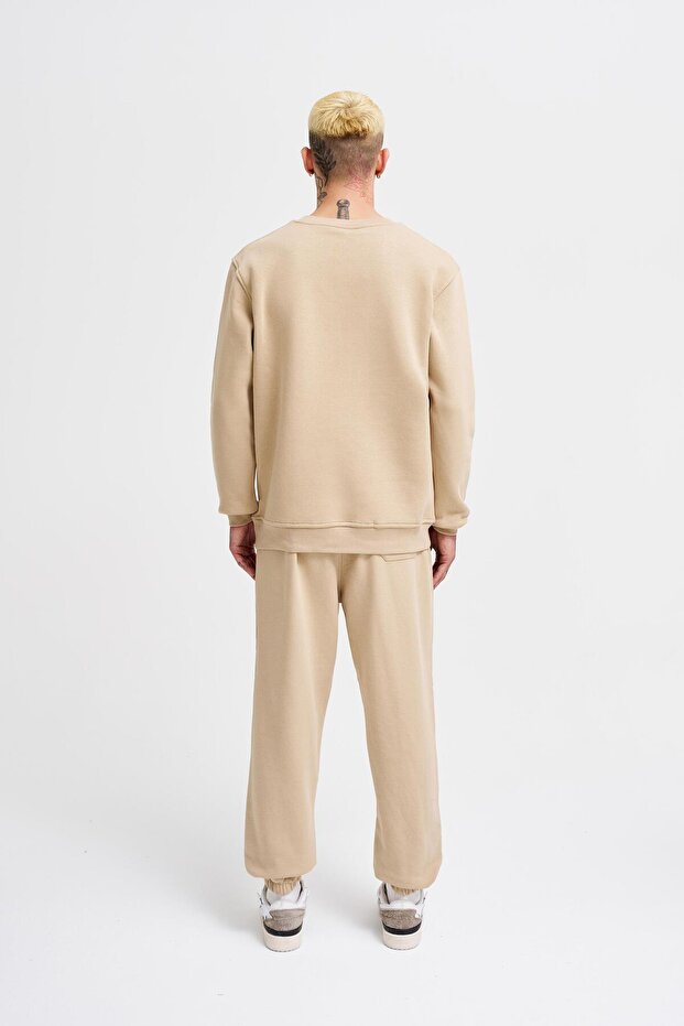 Erkek Regular Bisiklet Yaka Basic Sweatshirt Bej - 7
