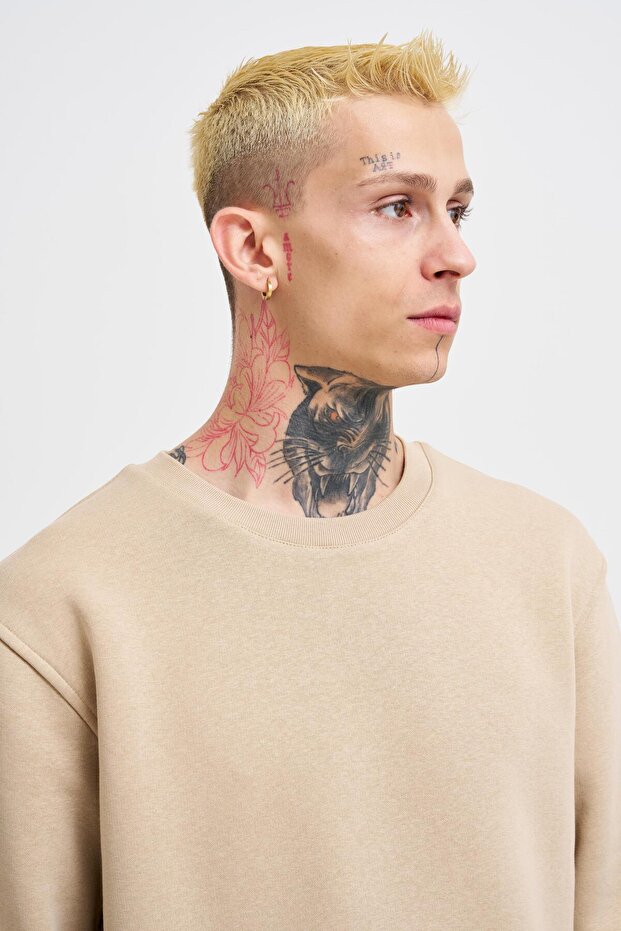 Erkek Regular Bisiklet Yaka Basic Sweatshirt Bej - 2
