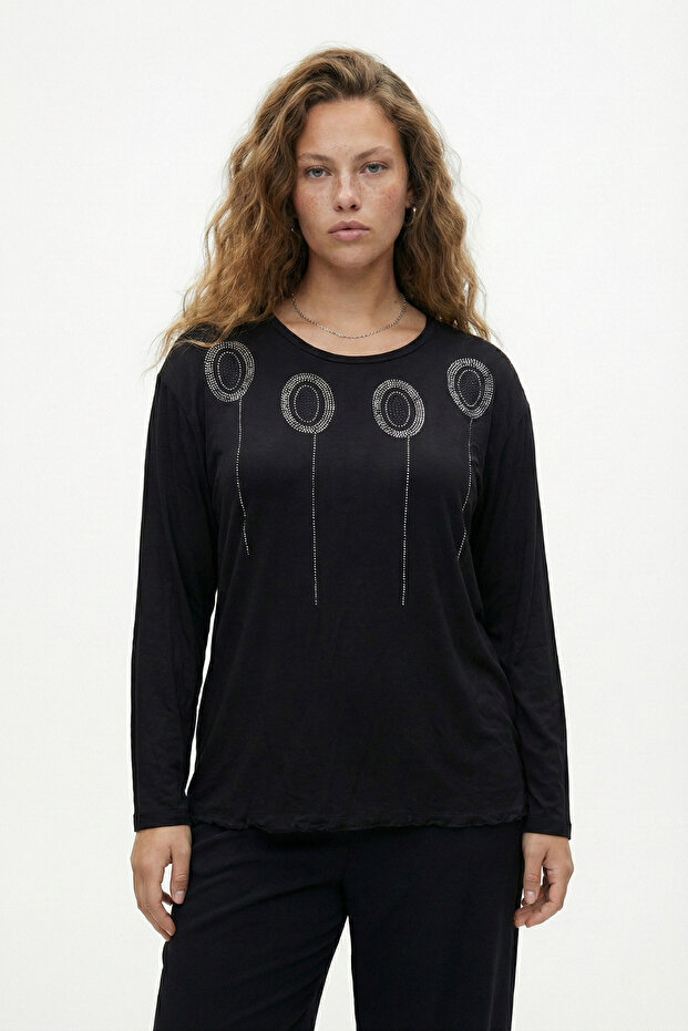 Women's Plus Size Crew Neck Long Sleeve Stone Detailed Stretchy Blouse