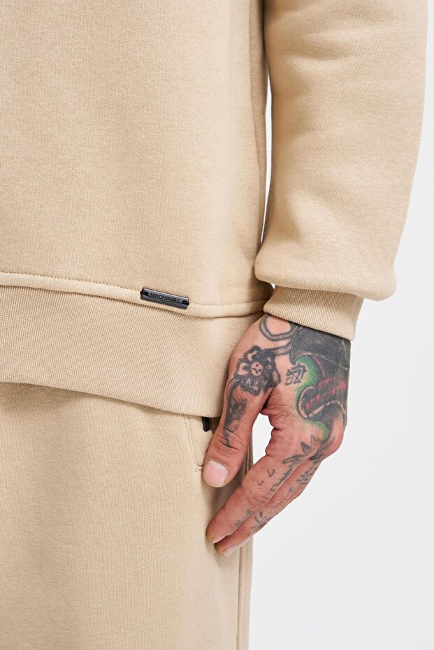 Erkek Regular Bisiklet Yaka Basic Sweatshirt Bej - 4