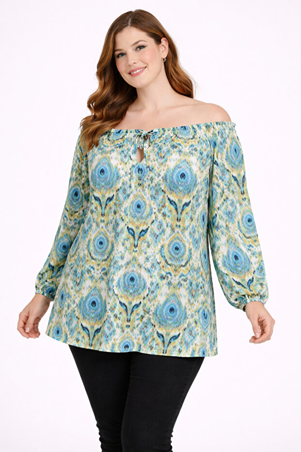Women's Plus Size Turquoise, Collar Crochet Detail, Raglan Sleeve, Sleeve Opening Elasticated Blouse 65N39291