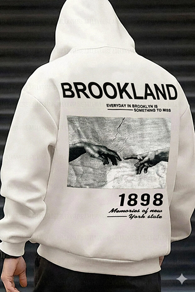 Men's White 1898 Printed Hooded Oversize 3 Thread Raster Printed Loose Fit Hoodie