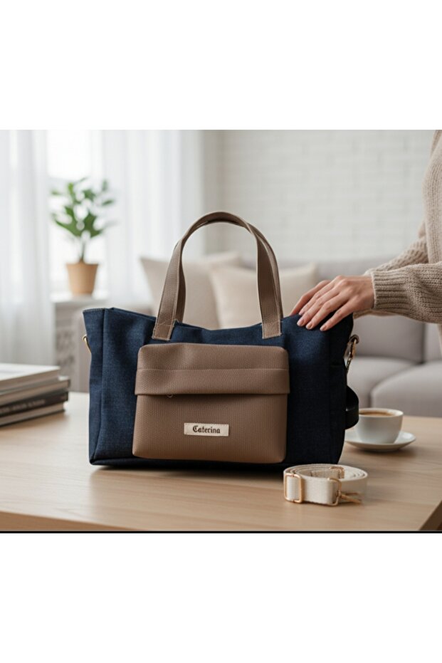 Navy Blue Bag with Canvas Leather Pocket Detail
