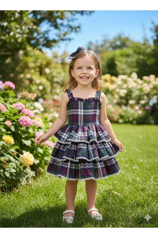 Eid Girls' Plaid Detailed Puffy Dress