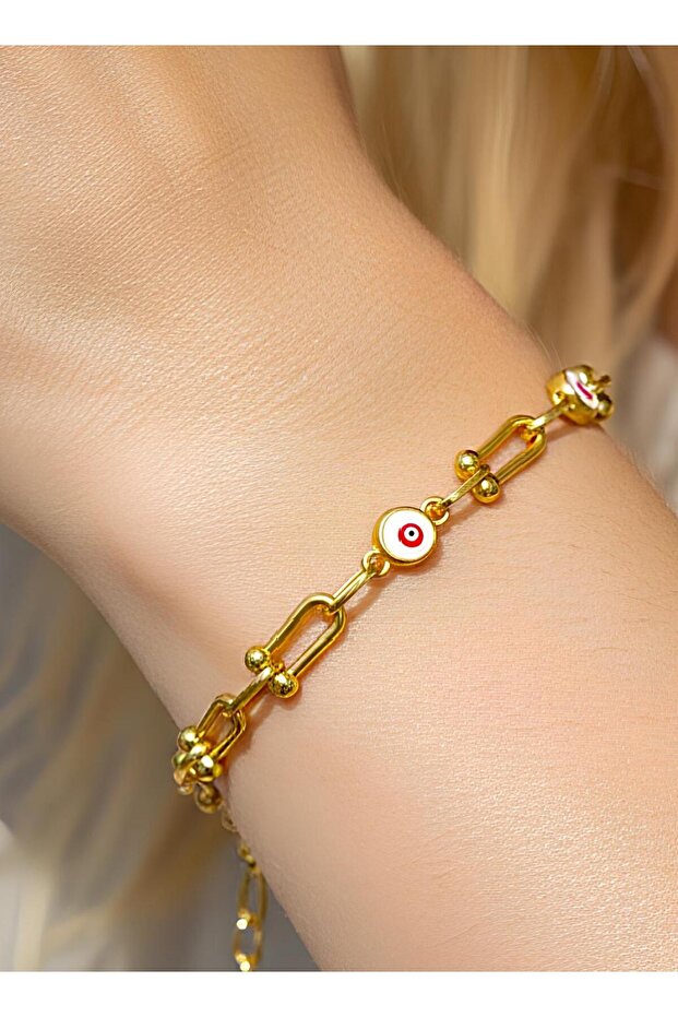 Stainless Steel Bracelet with Red Evil Eye Bead Detail