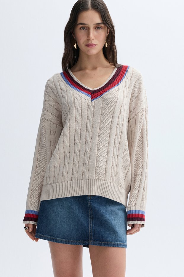 Women's Ecru Striped Loose Fit V-Neck Sweater