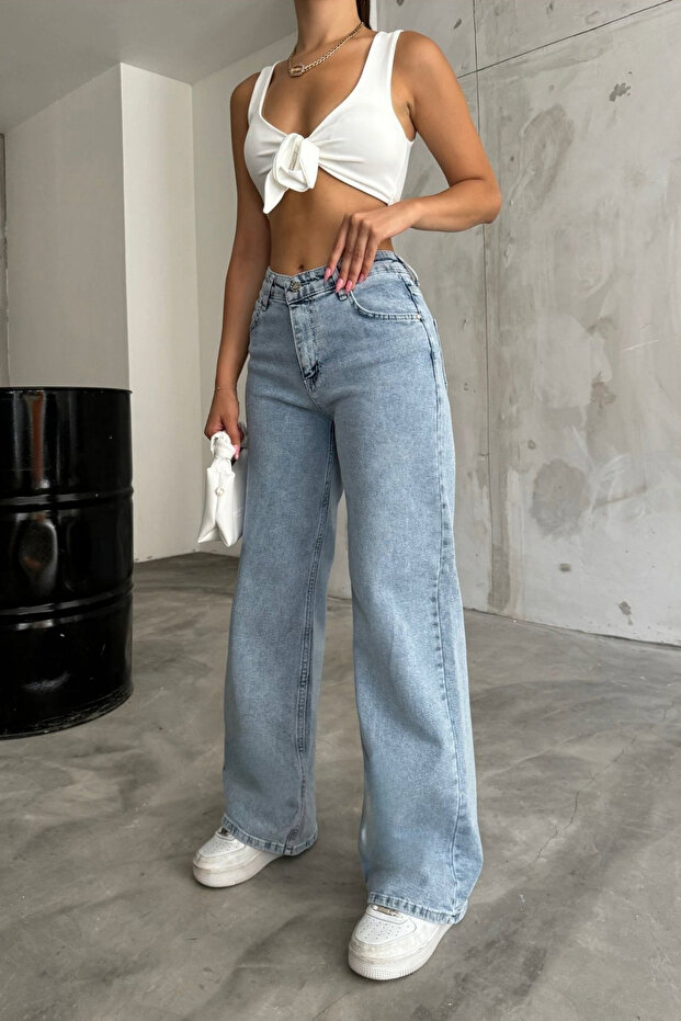 BİKELİFE Kadın Açık Mavi Yüksek Bel Geniş Paça Bol,salaş Palazzo Jeans