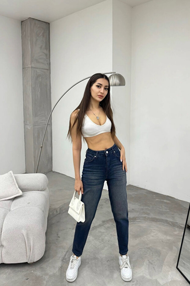 Női rugalmas/lycra magas derekú Mom Jeans - 5