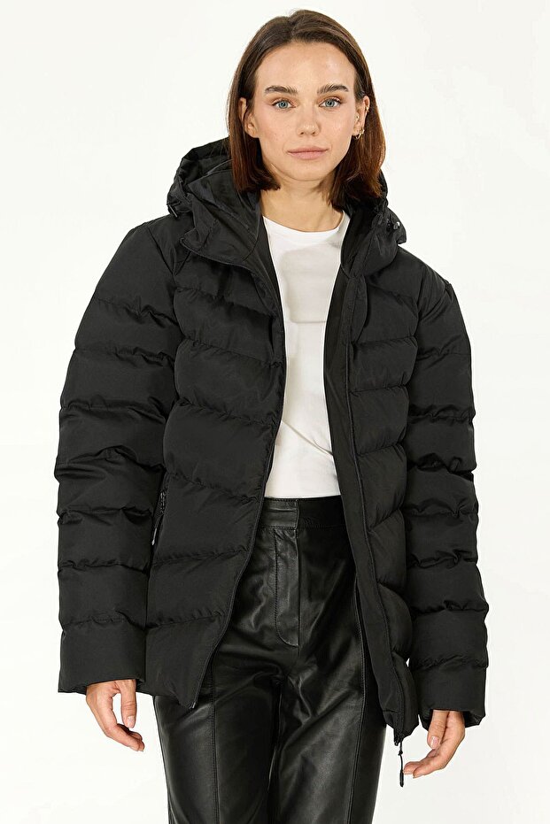 Women's Lined Hooded Windproof Black Inflatable Winter Coats