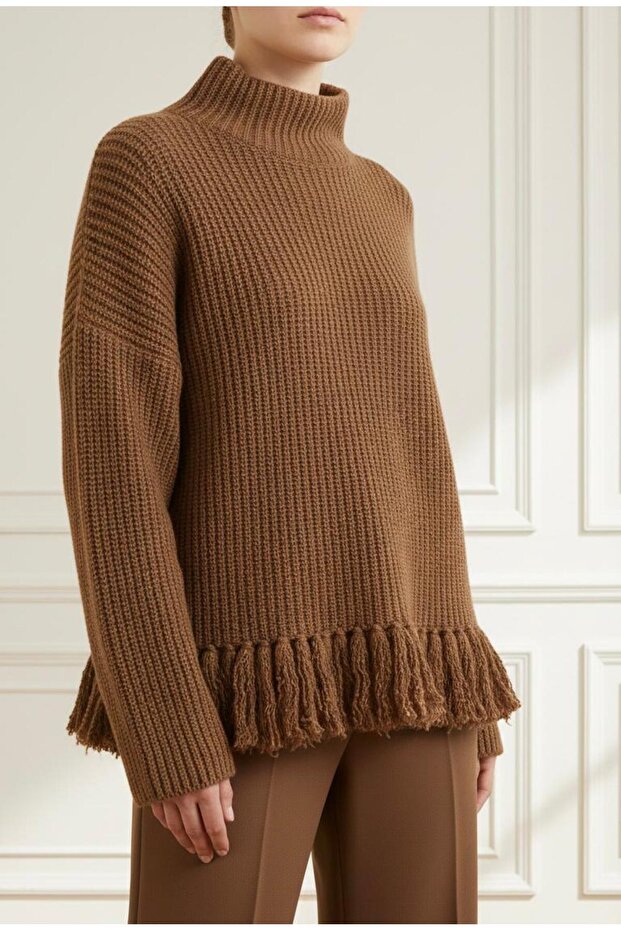 Brown Shardon Tassel Detailed Thick Oversized Shawl Loose Fit Knitwear Sweater