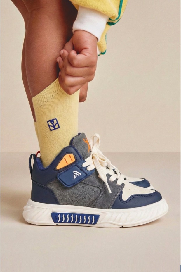 Unisex Children's Navy Blue Sports Shoes Orthopedic Lace-Up Velcro Patterned Non-Slip Sole Walking Sneaker 537