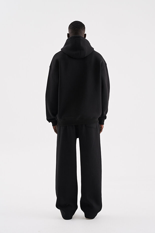 Erkek Oversize Basic Kapüşonlu Sweatshirt Siyah - 7