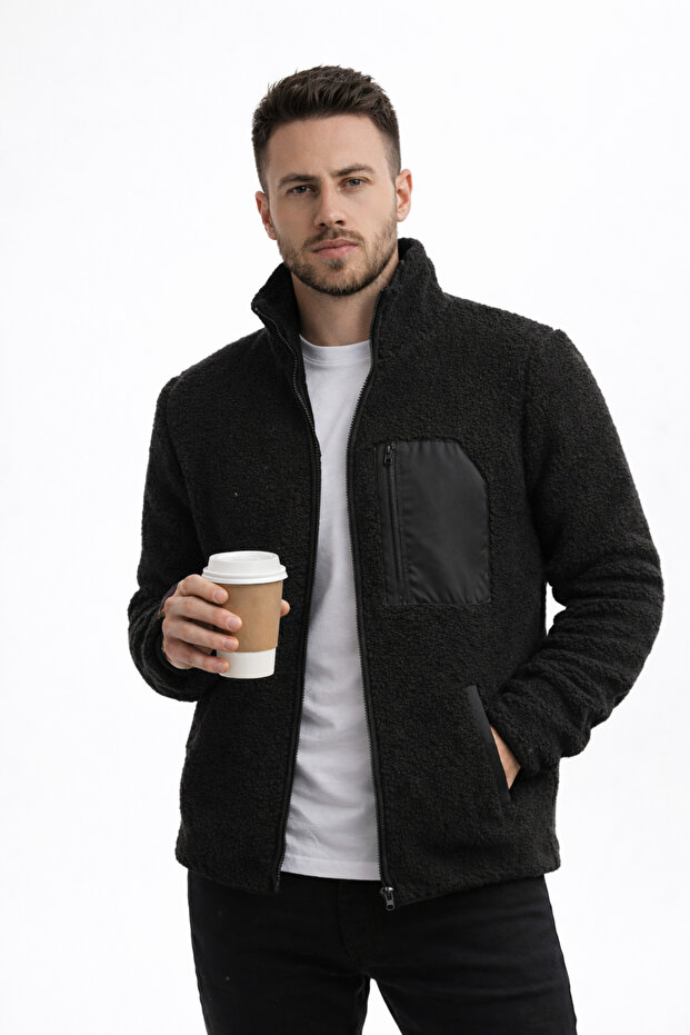 Men's Stand Collar Zippered Plush Jacket Black