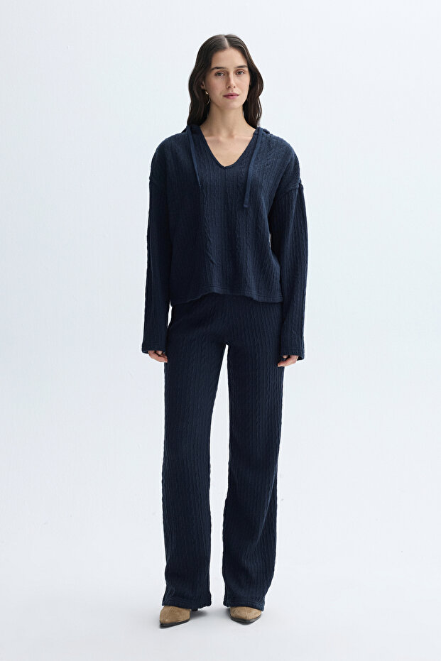 KAPÜŞONLU V YAKA ÖRME SWEATSHIRT - 4