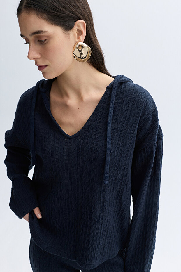 KAPÜŞONLU V YAKA ÖRME SWEATSHIRT - 3