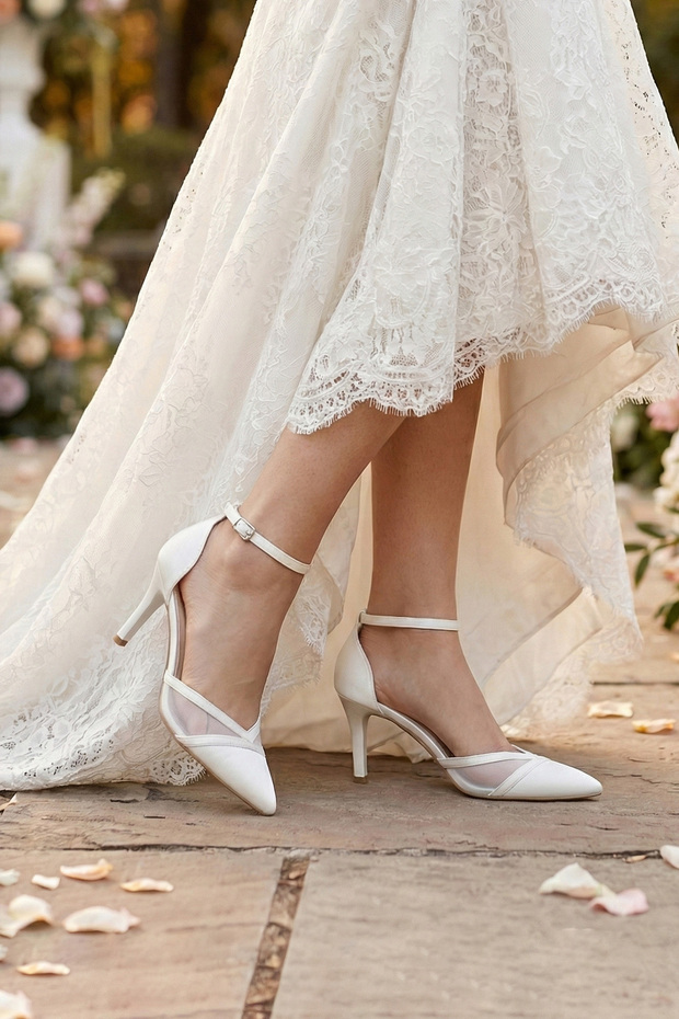 Liana White Vegan Mesh Pointed Toe Thin Heeled Classic Bridal Shoes