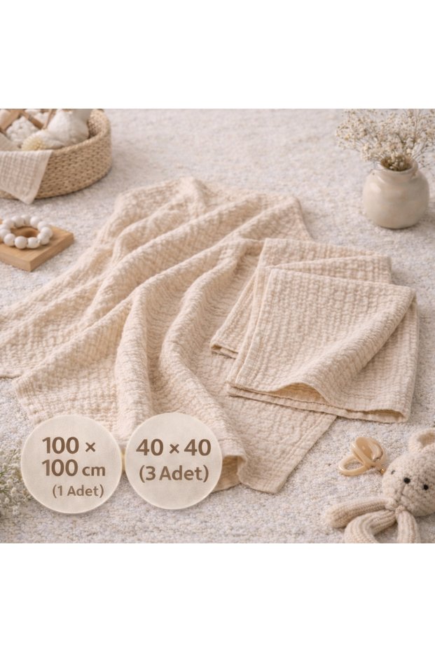 Muslin Baby Blanket 100X100 cm and 3-Piece Diaper 40X40 cm - 100% Cotton (2 Layers) Beige