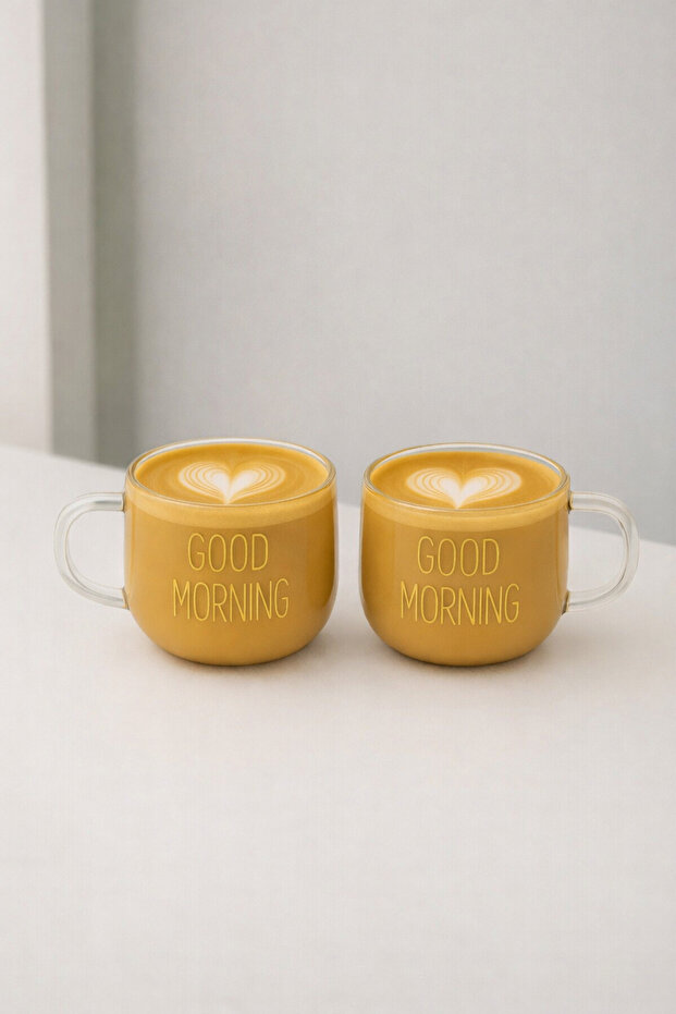 2 Pieces Gold Lettering Good Morning 400ml Borosilicate Glass Mug Cup Presentation Holder