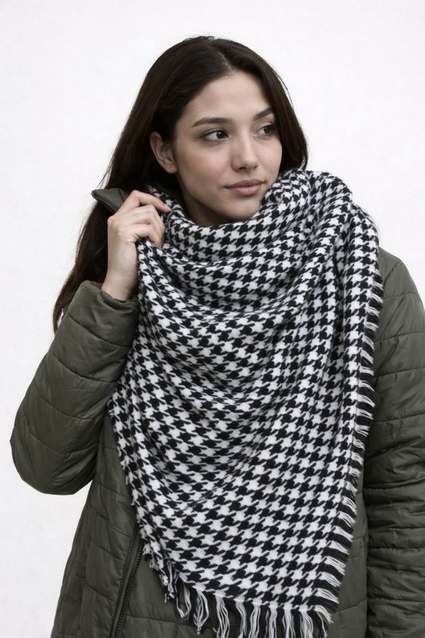 Houndstooth Patterned Wide Winter Shawl & Scarf