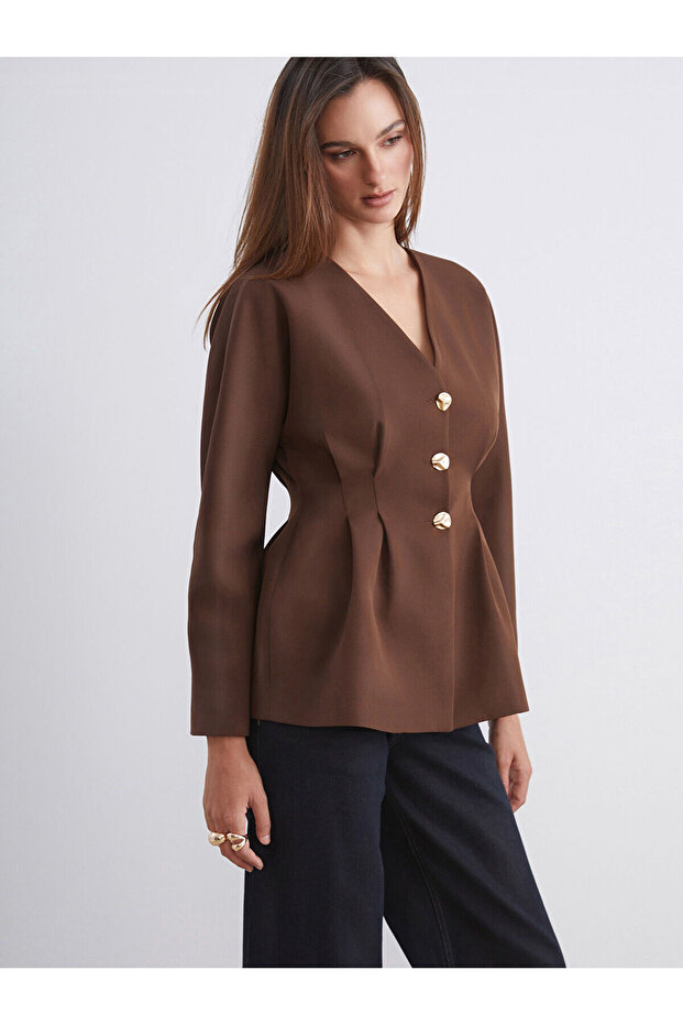 Soulife Brown V-Neck Peplum Women's Jacket