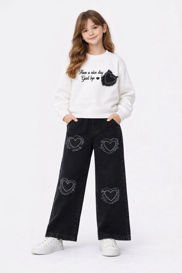 Girl's Heart Detailed Sweatshirt & Wide Leg Jean Pants 2-Piece Set