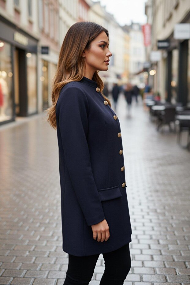 Hakim Collared Buttoned Atlas Jacket - Navy Blue - 5