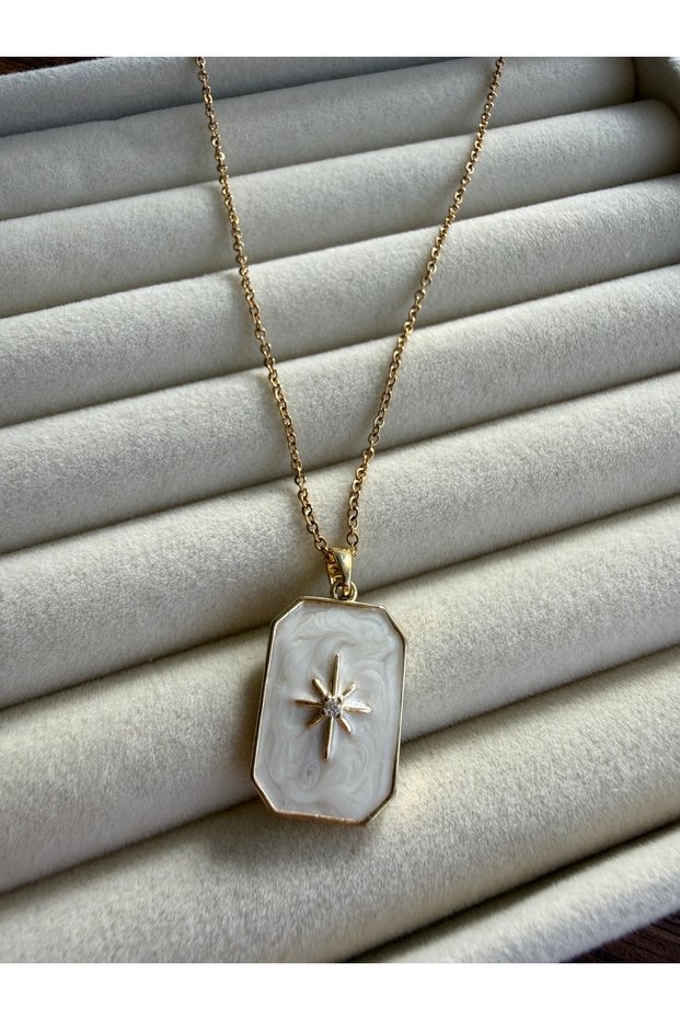 "Women's Gold Color Elegant Rectangular Locket Necklace – Pearl Textured Stone and Star Motif"