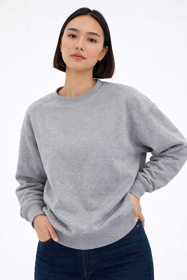 Oversize Basic Sweatshirt 3 İp Şardonsuz - 1