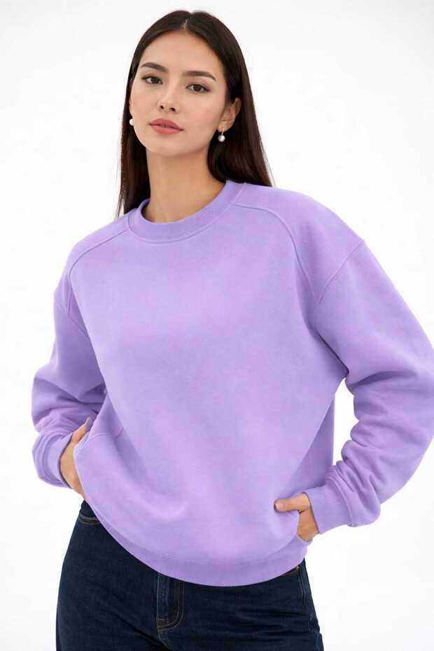 Oversize Basic Sweatshirt 3 İp Şardonsuz - 1